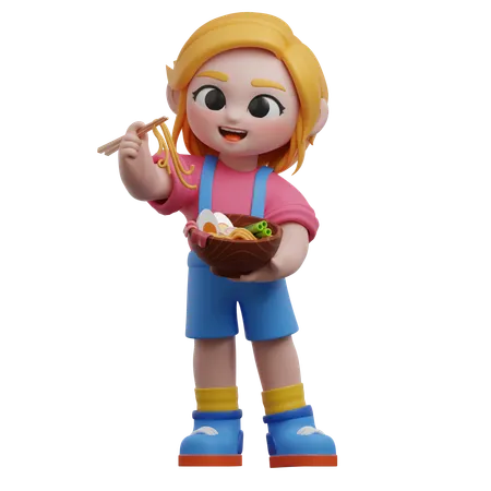 Niña comiendo ramen  3D Illustration