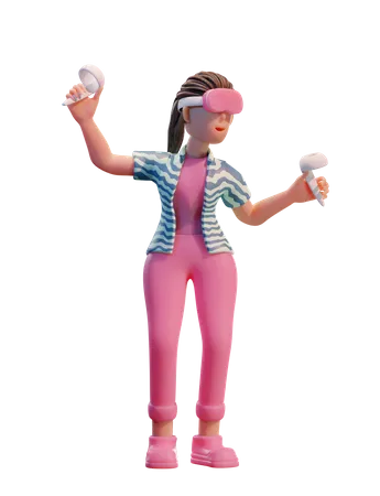 Chica con casco de realidad virtual  3D Illustration