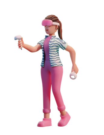 Chica con casco de realidad virtual  3D Illustration