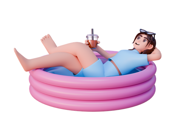 Chica con bebida relajándose en una piscina inflable  3D Icon