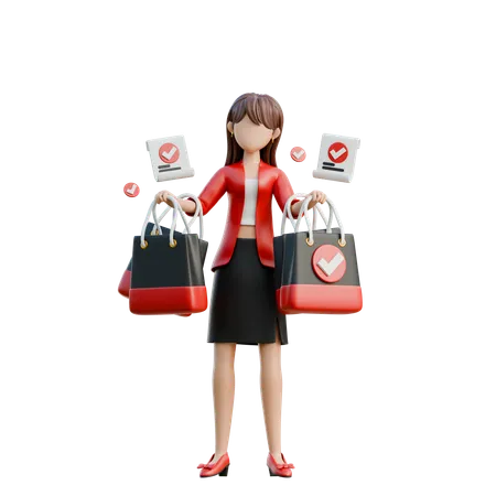 Chica con bolsas de compras y un recibo  3D Illustration