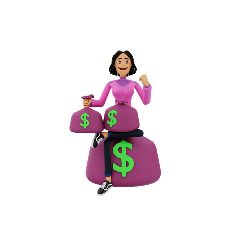 Chica con bolsas de dinero  3D Illustration