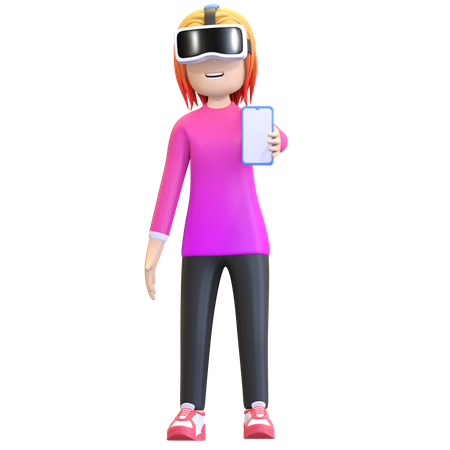 Chica con casco de realidad virtual y sosteniendo un teléfono inteligente  3D Icon