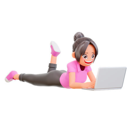 Chica con laptop estudiando en un curso en línea  3D Illustration