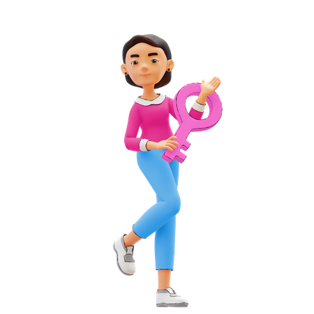 Chica con clave de éxito  3D Illustration