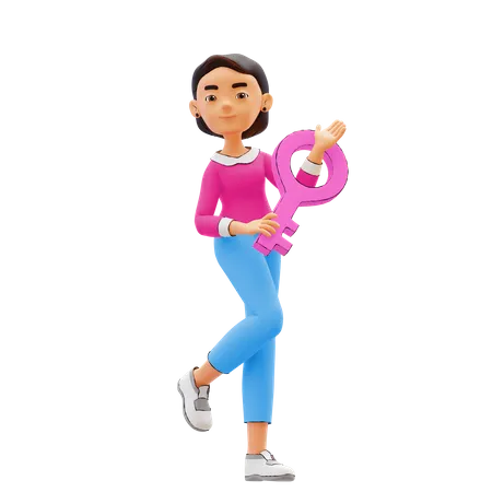 Chica con clave de éxito  3D Illustration