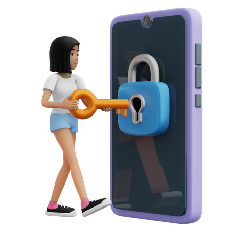 Chica con móvil seguro  3D Illustration