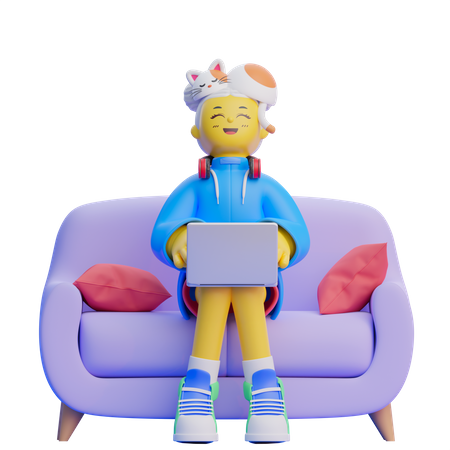 Chica con laptop en el sofá  3D Illustration