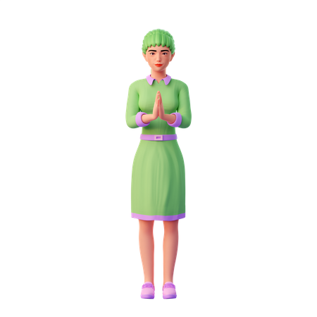 Chica con pose de mano de bienvenida  3D Illustration