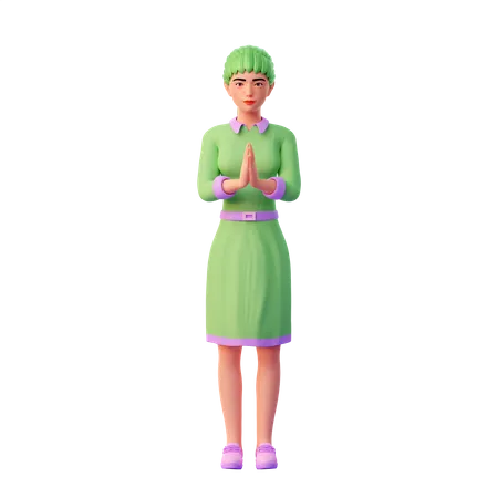 Chica con pose de mano de bienvenida  3D Illustration