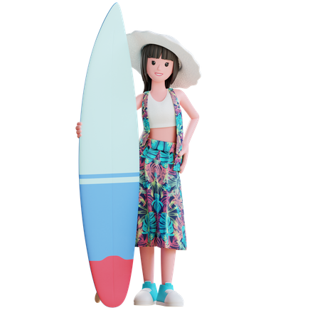 Chica con tabla de surf  3D Illustration
