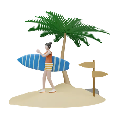 Chica con tabla de surf  3D Illustration