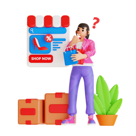 Chica confundida por elegir descuento de compras  3D Illustration