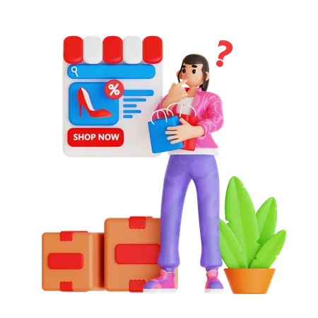 Chica confundida por elegir descuento de compras  3D Illustration