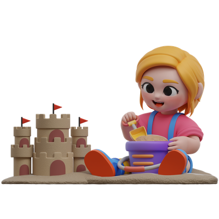 Niña construyendo castillos de arena  3D Illustration