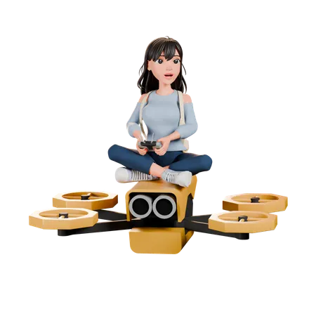 Chica controlando un dron flotante  3D Illustration