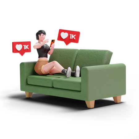 Chica de pelo corto recibiendo Me gusta en las redes sociales mientras está sentada en el sofá  3D Illustration