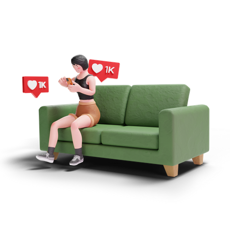 Chica de pelo corto recibiendo Me gusta en las redes sociales mientras está sentada en el sofá  3D Illustration