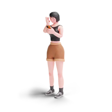 Chica de pelo corto sorprendida usando un teléfono inteligente  3D Illustration