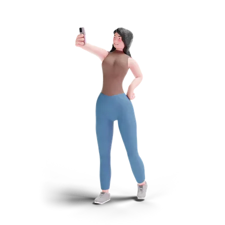 Selfie De Chica De Pelo Largo Usando Un Telefono Inteligente En Fondo Transparente Ilustracion 3 D 3D Illustration