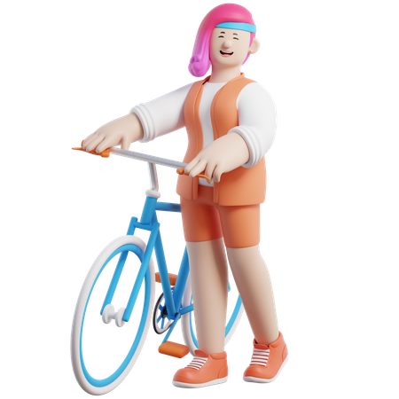 Chica de pie con bicicleta  3D Illustration