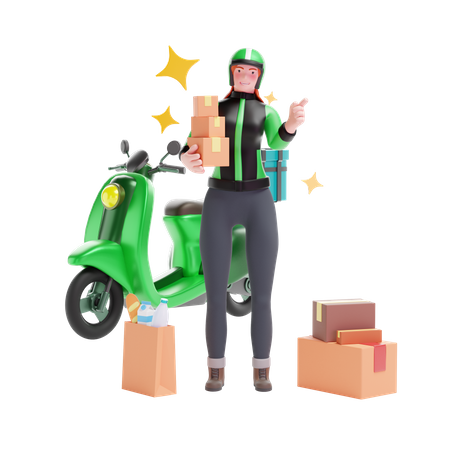 Chica de servicio de entrega con cajas de paquetes y scooter.  3D Illustration