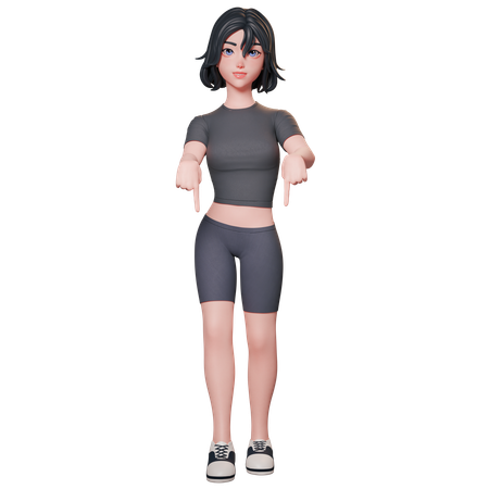 Chica deportista vestida de negro apuntando hacia abajo usando ambas manos  3D Illustration