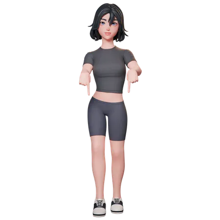 Chica deportista vestida de negro apuntando hacia abajo usando ambas manos  3D Illustration