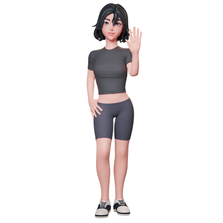 Chica deportista vestida de negro levanta la mano y muestra un gesto de saludo usando su mano derecha agitando la mano  3D Illustration