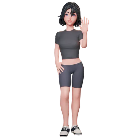 Chica deportista vestida de negro levanta la mano y muestra un gesto de saludo usando su mano derecha agitando la mano  3D Illustration