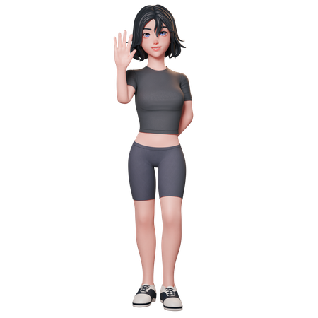 Chica deportista vestida de negro levanta la mano y muestra un gesto de saludo con la mano izquierda  3D Illustration