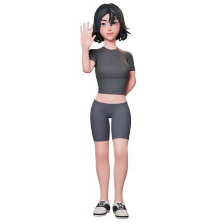 Chica deportista vestida de negro levanta la mano y muestra un gesto de saludo con la mano izquierda  3D Illustration