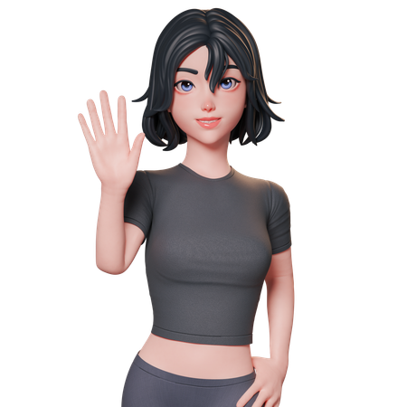 Chica deportista vestida de negro levanta la mano y muestra un gesto de saludo con la mano izquierda  3D Illustration