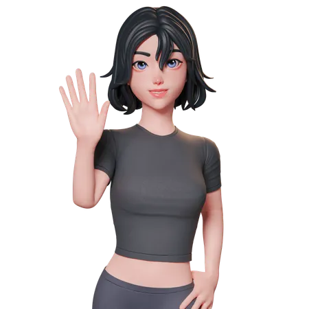 Chica deportista vestida de negro levanta la mano y muestra un gesto de saludo con la mano izquierda  3D Illustration