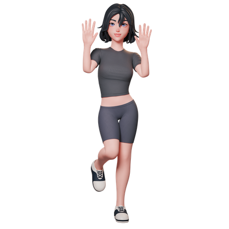 Chica deportista vestida de negro levanta la mano y muestra un gesto de saludo usando ambas manos  3D Illustration