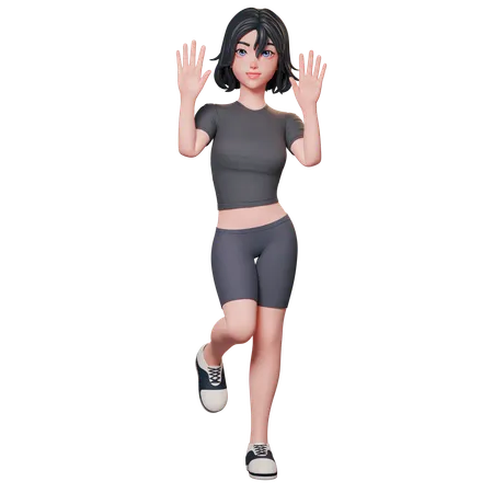 Chica deportista vestida de negro levanta la mano y muestra un gesto de saludo usando ambas manos  3D Illustration