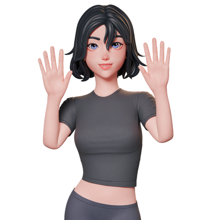 Chica deportista vestida de negro levanta la mano y muestra un gesto de saludo usando ambas manos  3D Illustration