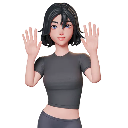 Chica deportista vestida de negro levanta la mano y muestra un gesto de saludo usando ambas manos  3D Illustration