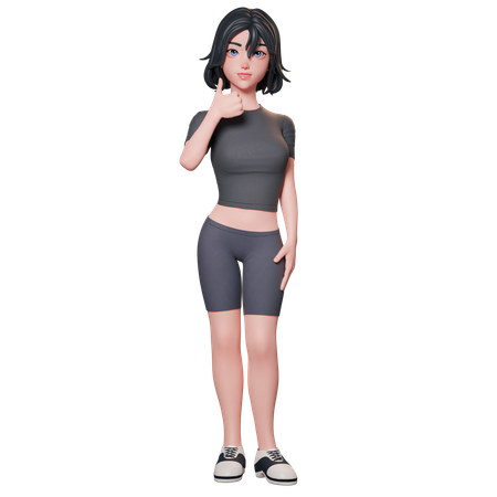 Chica deportista vestida de negro muestra el pulgar hacia arriba con su mano izquierda  3D Illustration