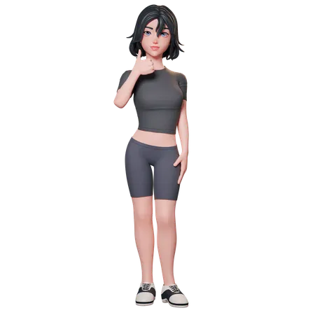 Chica deportista vestida de negro muestra el pulgar hacia arriba con su mano izquierda  3D Illustration