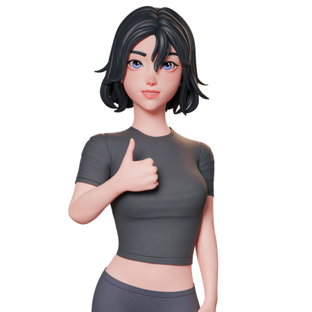 Chica deportista vestida de negro muestra el pulgar hacia arriba con su mano izquierda  3D Illustration