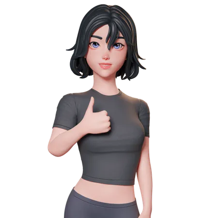 Chica deportista vestida de negro muestra el pulgar hacia arriba con su mano izquierda  3D Illustration