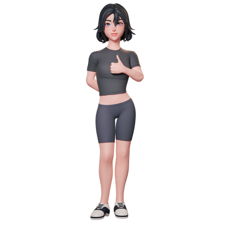 Chica deportista vestida de negro muestra el pulgar hacia arriba con su mano derecha  3D Illustration