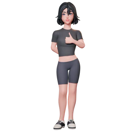 Chica deportista vestida de negro muestra el pulgar hacia arriba con su mano derecha  3D Illustration