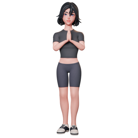 Chica deportista vestida de negro mostrando las manos juntas en gesto de Namaste  3D Illustration