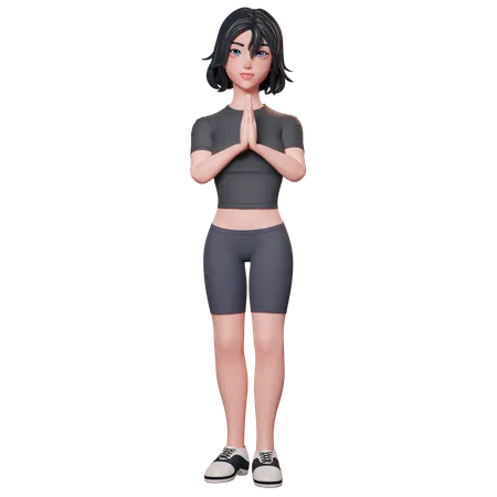 Chica deportista vestida de negro mostrando las manos juntas en gesto de Namaste  3D Illustration