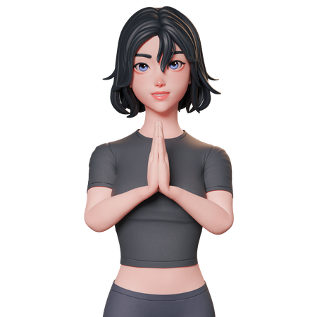 Chica deportista vestida de negro mostrando las manos juntas en gesto de Namaste  3D Illustration