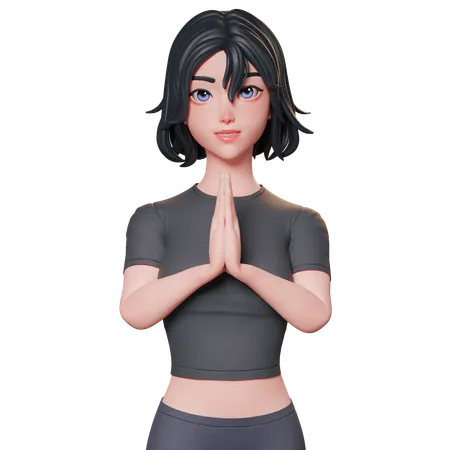 Chica deportista vestida de negro mostrando las manos juntas en gesto de Namaste  3D Illustration