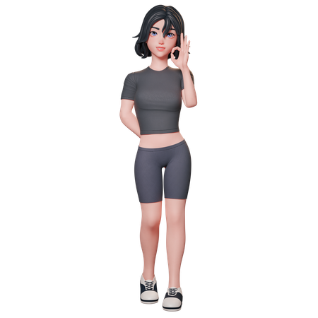 Chica deportista vestida de negro muestra el gesto de aprobación con la mano derecha  3D Illustration