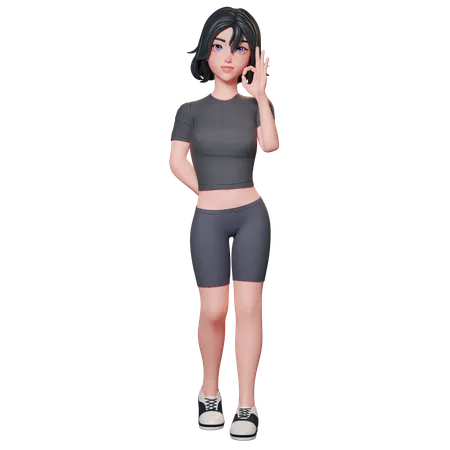 Chica deportista vestida de negro muestra el gesto de aprobación con la mano derecha  3D Illustration